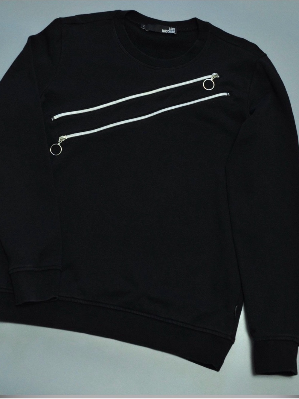 Moschino Black Crewneck Sweater with Diagonal Silver Zippers